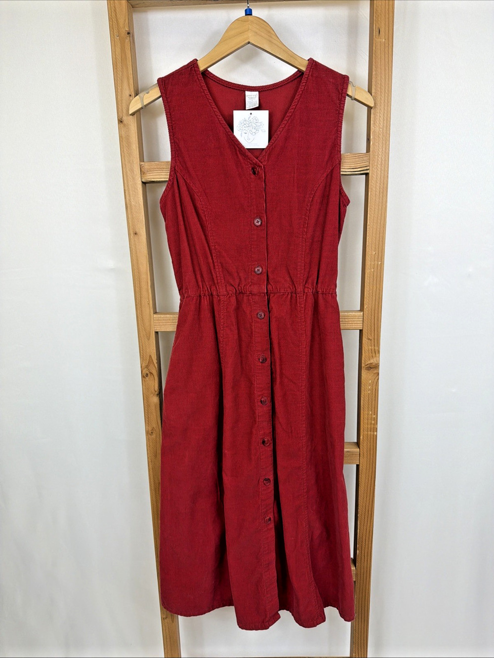 Lands End Red Pockets Sleeveless Button Up Corduroy Maxi Dress #1566 Size XS